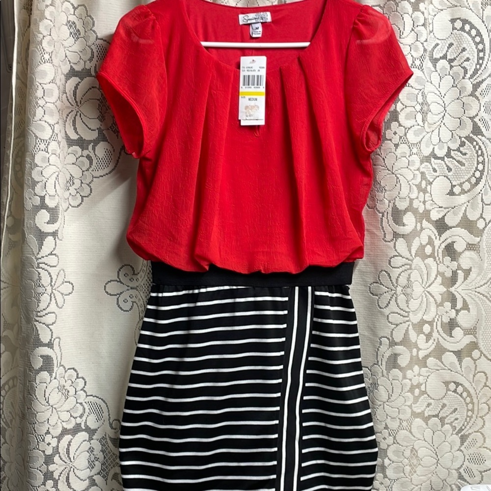Speechless Red and Black Fit and Flare Dress with Puff Sleeves New With Tags